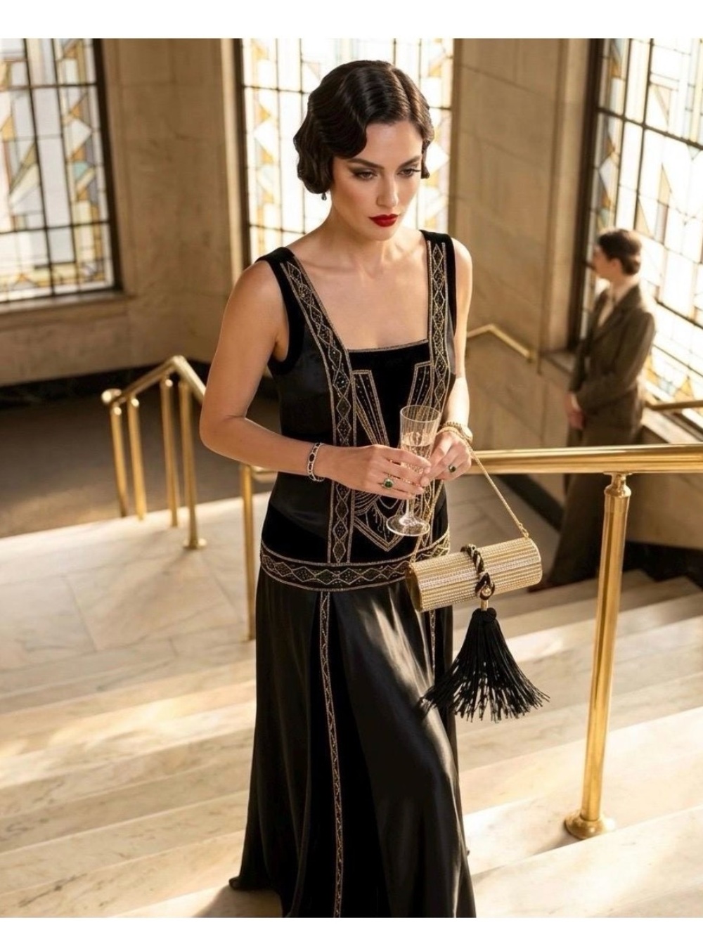 Leticia & Co Vintage Crystal Gold Minaudiere Cylinder Bag Black Tassel Clutch